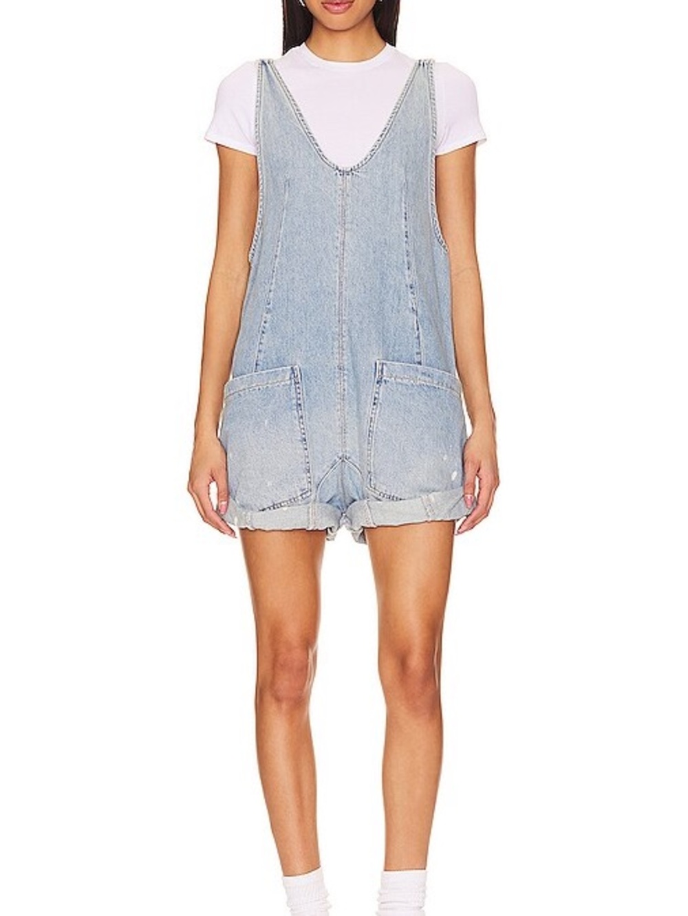Free People Light Wash Denim Romper Overalls in Pale Blue